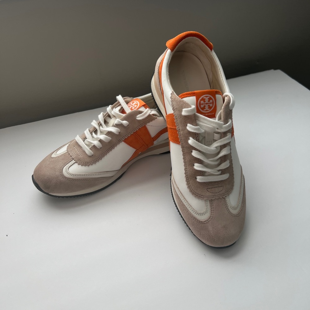 Tory Burch Tan and Orange Retro Sneakers